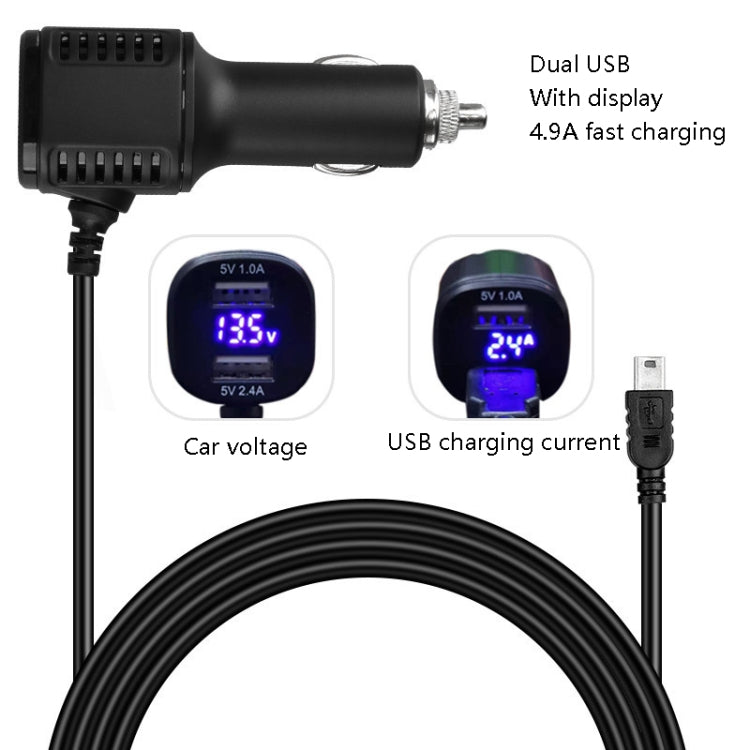 Car dual USB charger with display screen showing voltage and charging current