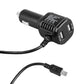 Car dual USB charger adapter with USB ports and attached black power cable