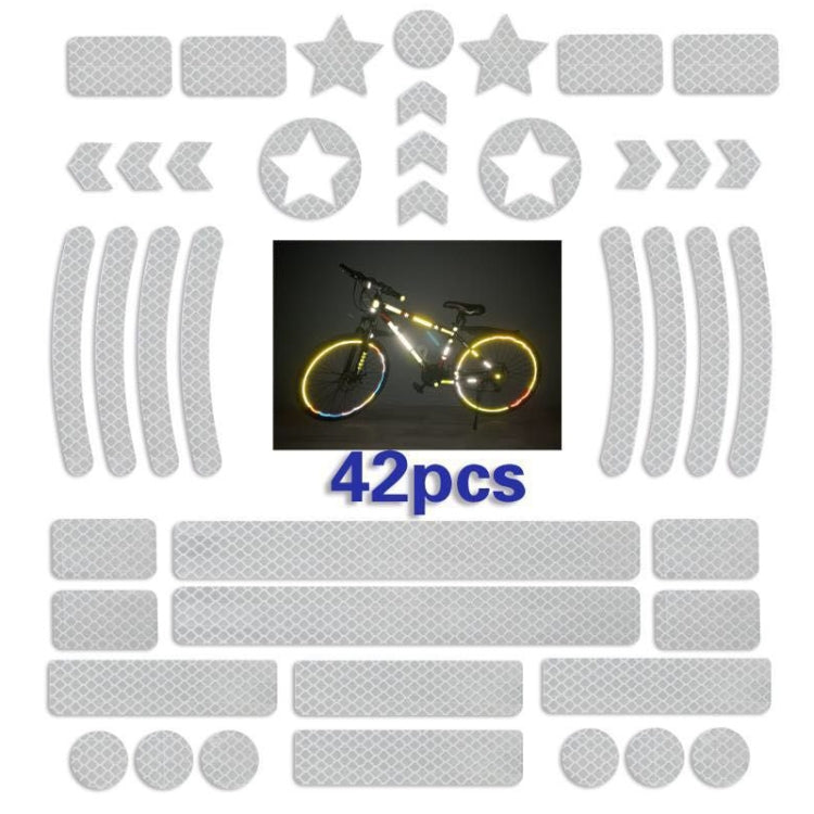 Reflective bicycle sticker set in white, with stars, circles, chevrons, and stripe grids