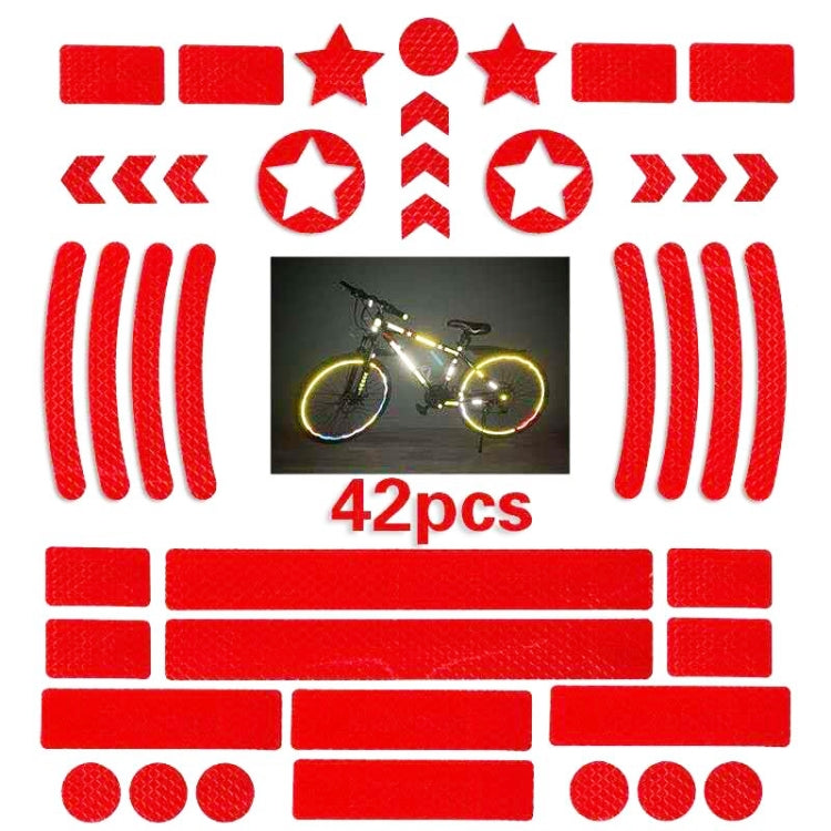 Reflective bicycle sticker set in red, with stars, circles, chevrons, and stripe grids