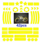 Reflective bicycle sticker set in fluorescent yellow, with stars, circles, chevrons, and stripes