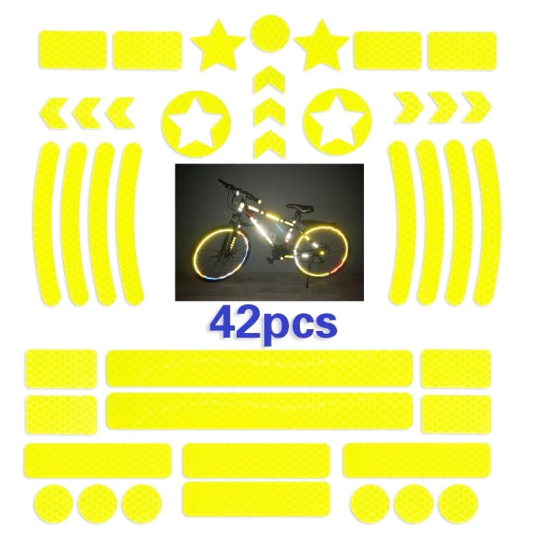 Reflective bicycle sticker set in fluorescent yellow, with stars, circles, chevrons, and stripes
