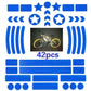 Reflective bicycle sticker set in blue, with stars, circles, chevrons, and stripe patterns