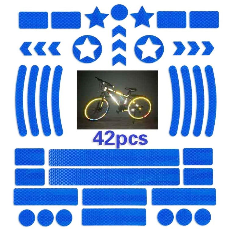 Reflective bicycle sticker set in blue, with stars, circles, chevrons, and stripe patterns