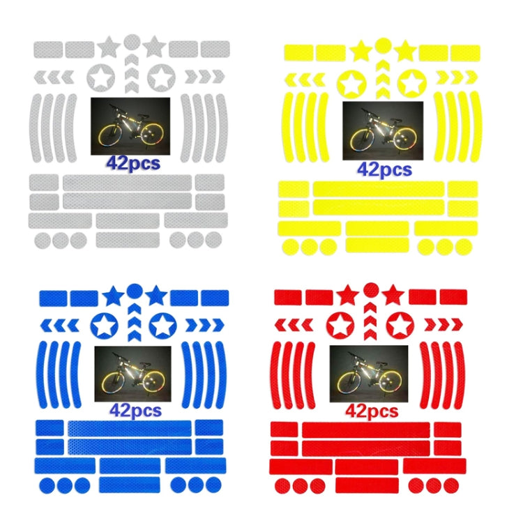 Reflective bicycle sticker sheets showing multiple colors: white, yellow, blue, and red sets