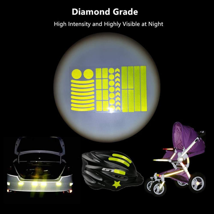 Reflective bicycle sticker set with bright yellow stripes and dots, highly visible at night