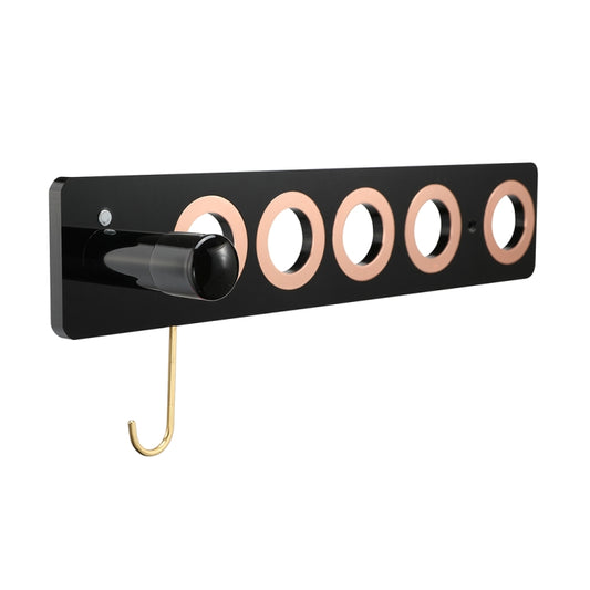 Black acrylic hair dryer storage bracket with 5 ring holders and gold hanging hook