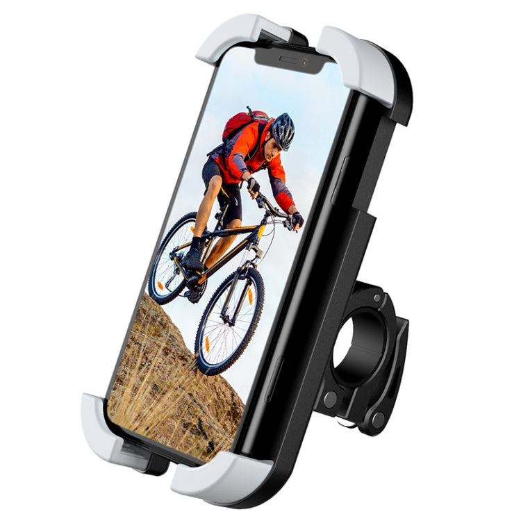 Black and gray phone bike bracket with spring clips, holding a phone in portrait view