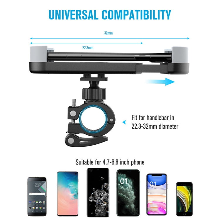 Black clamp phone holder bracket with side supports for handlebar mounting, diagram view