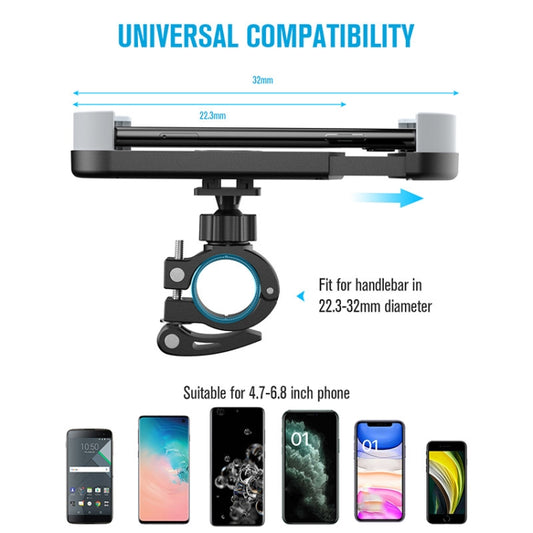 Black clamp phone holder bracket with side supports for handlebar mounting, diagram view