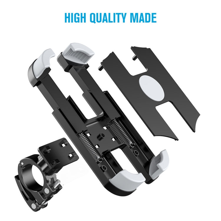Black phone holder bracket parts with white side pads and mounting clamp hardware