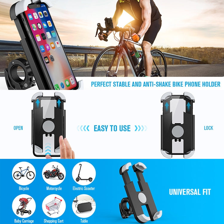 Phone bike holder with open-and-lock arms for secure mounting on handlebars
