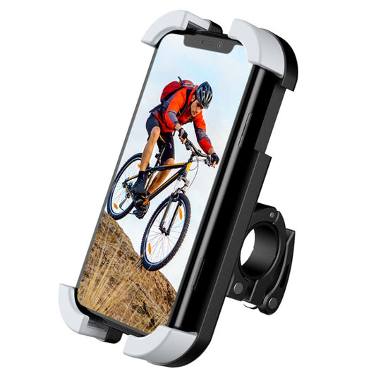 Black and gray phone bike bracket with spring clips, holding a phone in portrait view