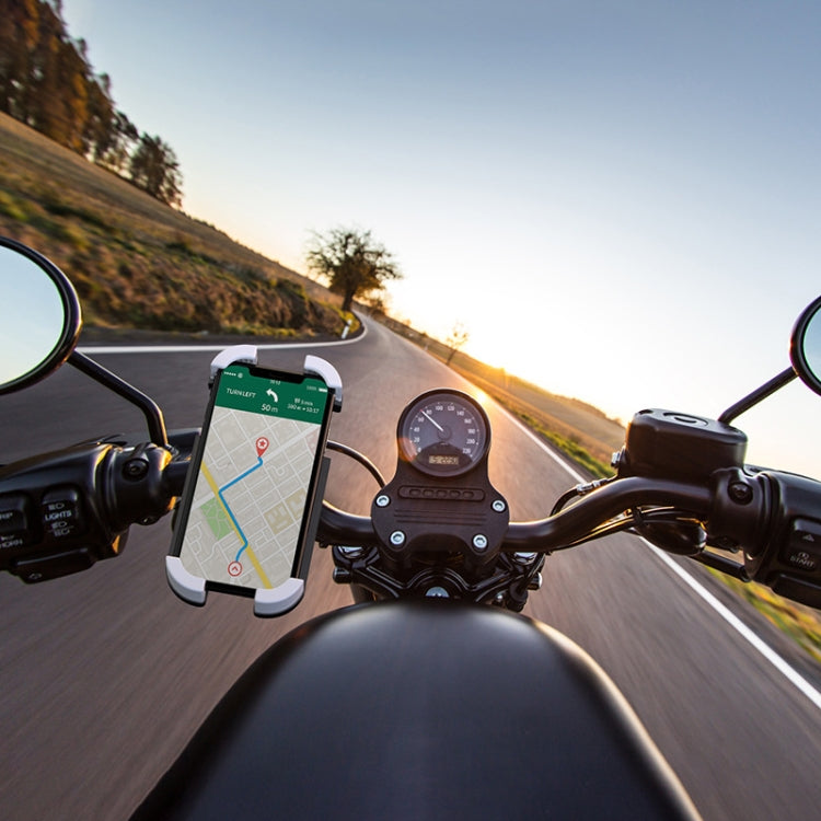 Phone navigation holder mounted on motorcycle handlebars, portrait phone displayed