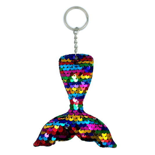 Colorful sequin mermaid tail keychain pendant with split tail and silver ring