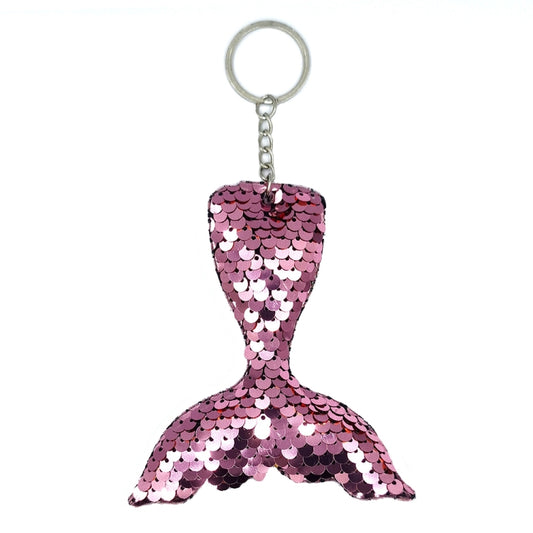 Pink sequin mermaid tail keychain pendant with split tail and silver ring