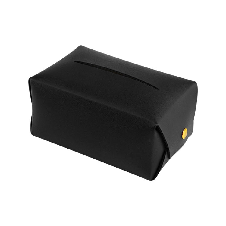 Black car leather tissue box holder with front dispensing slot and gold button detail