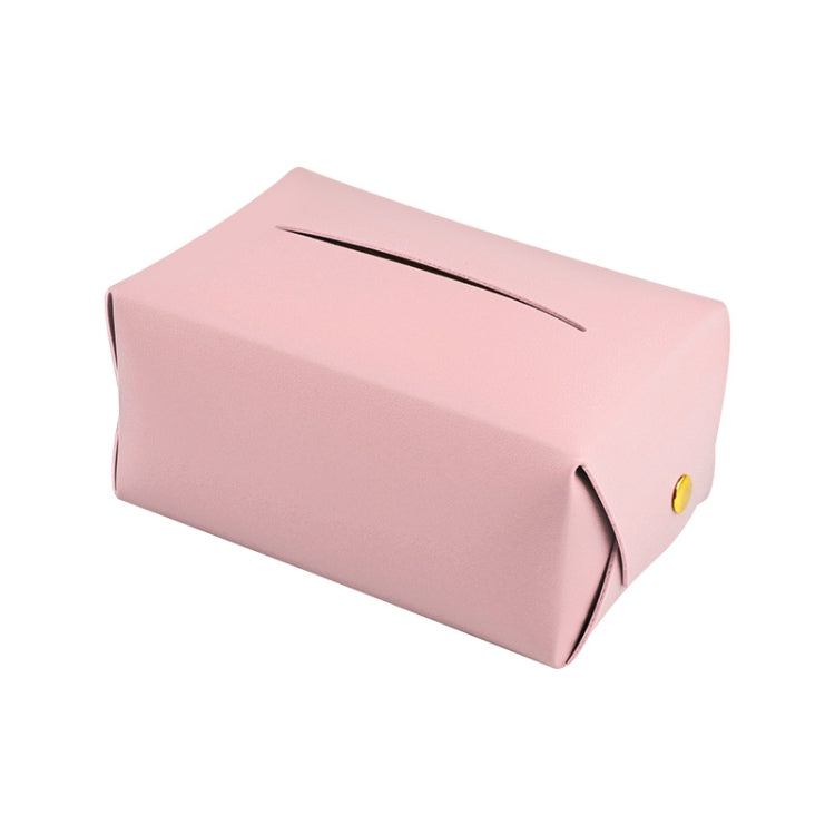 Pink car leather tissue box holder with front dispensing opening and gold button detail