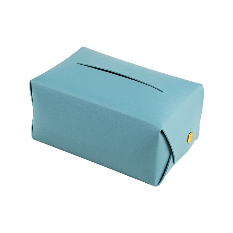Light blue car leather tissue box holder with front dispensing slot and gold button detail