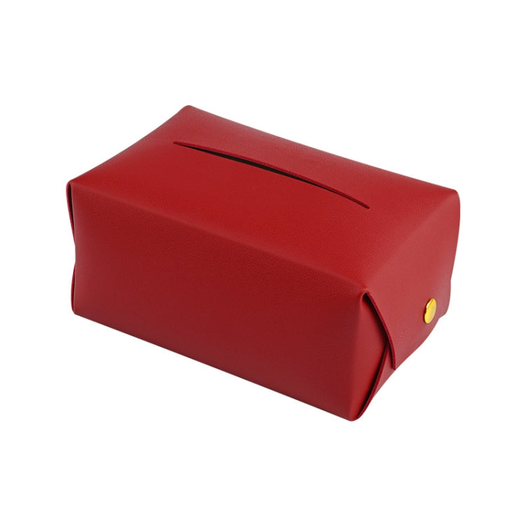 Red car leather tissue box holder with front dispensing slot and gold button detail