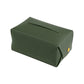 Army green car leather tissue box holder with front dispensing opening and gold button detail