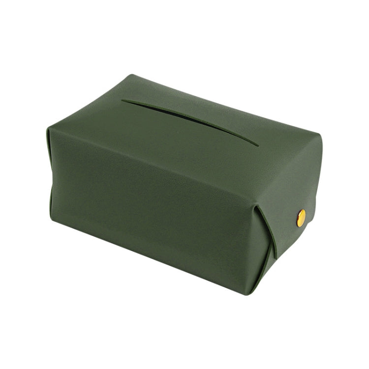Army green car leather tissue box holder with front dispensing opening and gold button detail