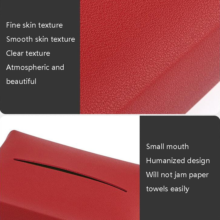 Red leather-texture car tissue box holder with front dispensing slot and gold button