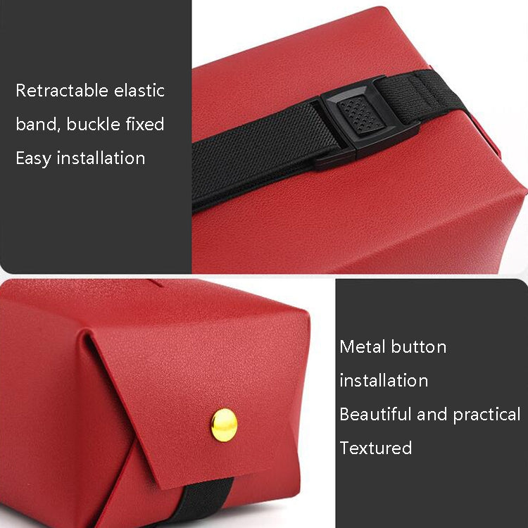 Red car leather tissue box holder with elastic strap and metal button detail