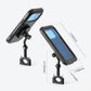 Bicycle phone mount with waterproof case and adjustable clamp, front and side size view