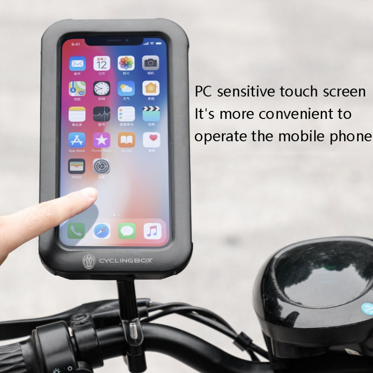 Waterproof phone case on bicycle mount with touchscreen area and visible hand interaction
