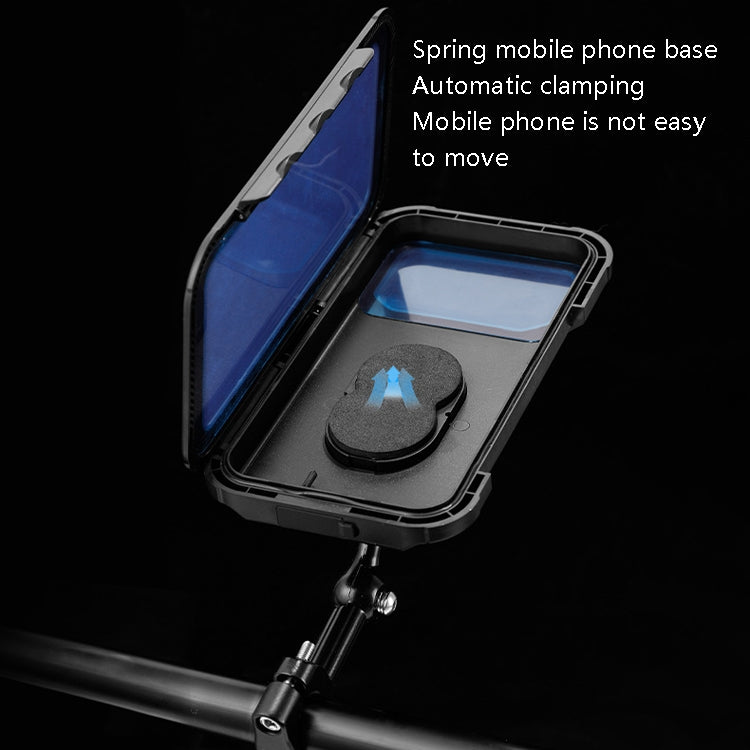 Waterproof bicycle phone case with spring base mount, clamshell lid open