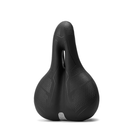 Black bicycle saddle with textured padding and central rear cutout