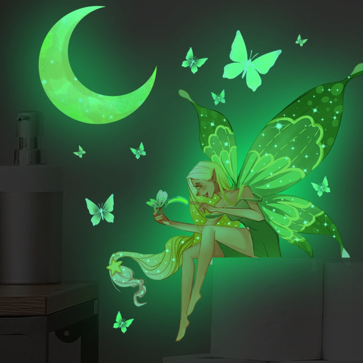Green moon and fairy with butterfly wings wall sticker with scattered butterflies