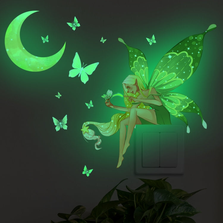 Moon, fairy, and butterfly wall decal set with glowing green accents