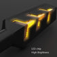 Amber illuminated LED arrow bars along black motorcycle tail lamp housing