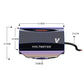 Motorcycle LED voltmeter with blue trim mounting bracket and wire lead, size view