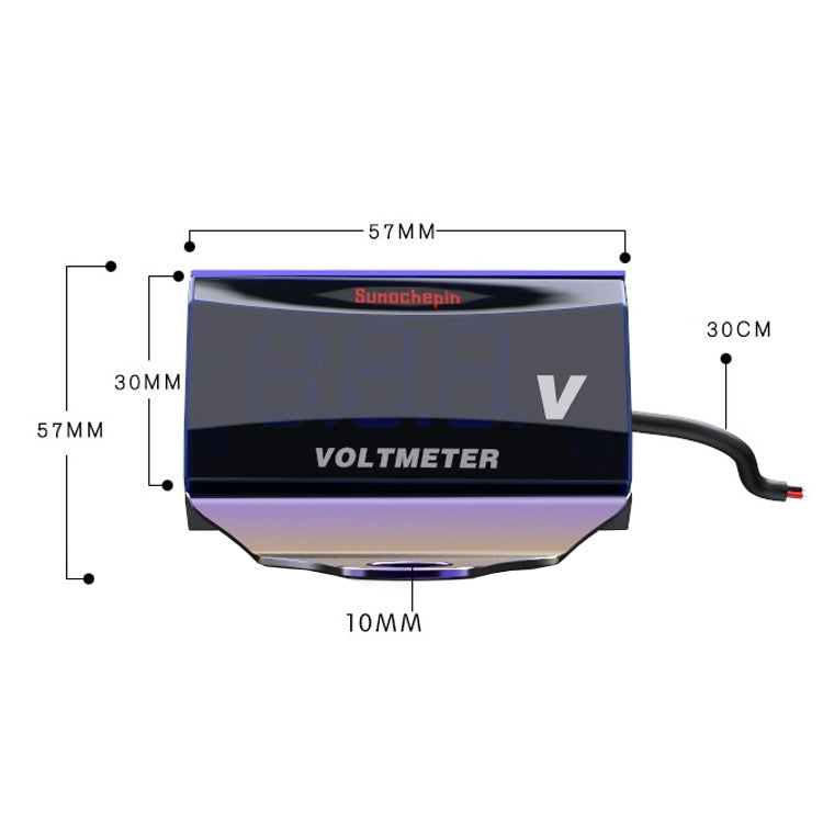 Motorcycle LED voltmeter with blue trim mounting bracket and wire lead, size view