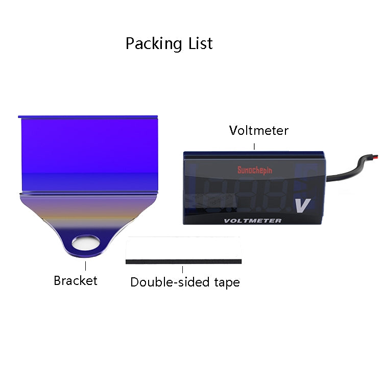 Motorcycle LED voltmeter with bracket, double-sided tape, and wire connector