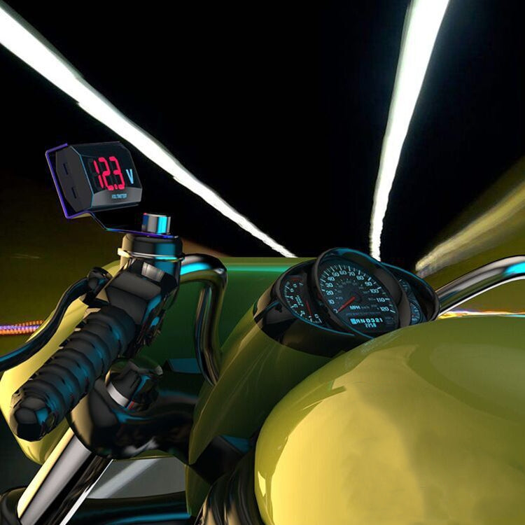 Motorcycle dashboard-mounted LED voltmeter showing voltage reading
