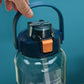 Sports water bottle with open straw lid and orange latch on the top