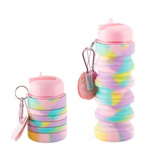 Collapsible silicone water cup, pink lid and rainbow stacked bands, with carabiner hook