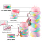 Telescopic silicone water bottle with pink top, rainbow folds, straw mouth, and metal hook