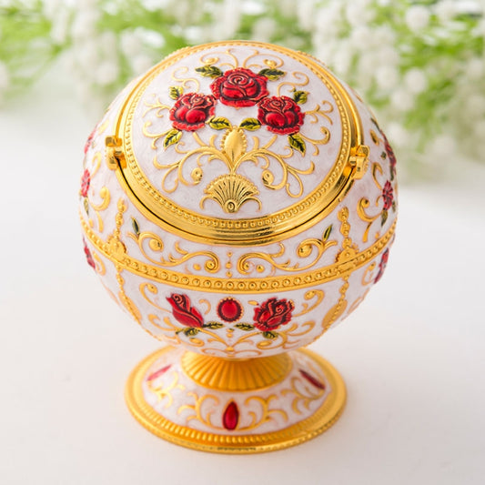 Metal globe ashtray with lid, golden dome with red roses and ornate detailing