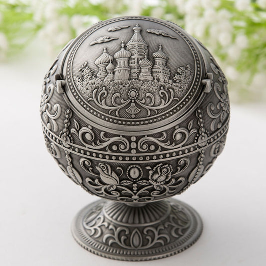 Decorative metal ashtray with lid, dark silver with castle and scroll engravings