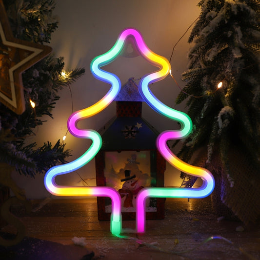 Neon Christmas tree wall decoration with multicolor outline glow, tree shape.