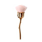 Loose powder makeup brush with light pink fluffy bristles and gold stem handle