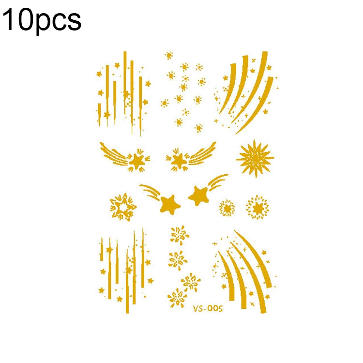 Gold face tattoo sticker sheet with fireworks, stars, crescents, and sparkles
