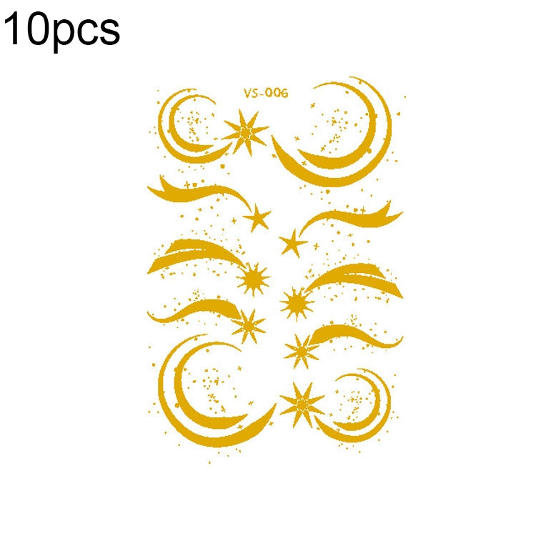 Gold moon and star face tattoo sticker sheet with swirl accents and glitter dots