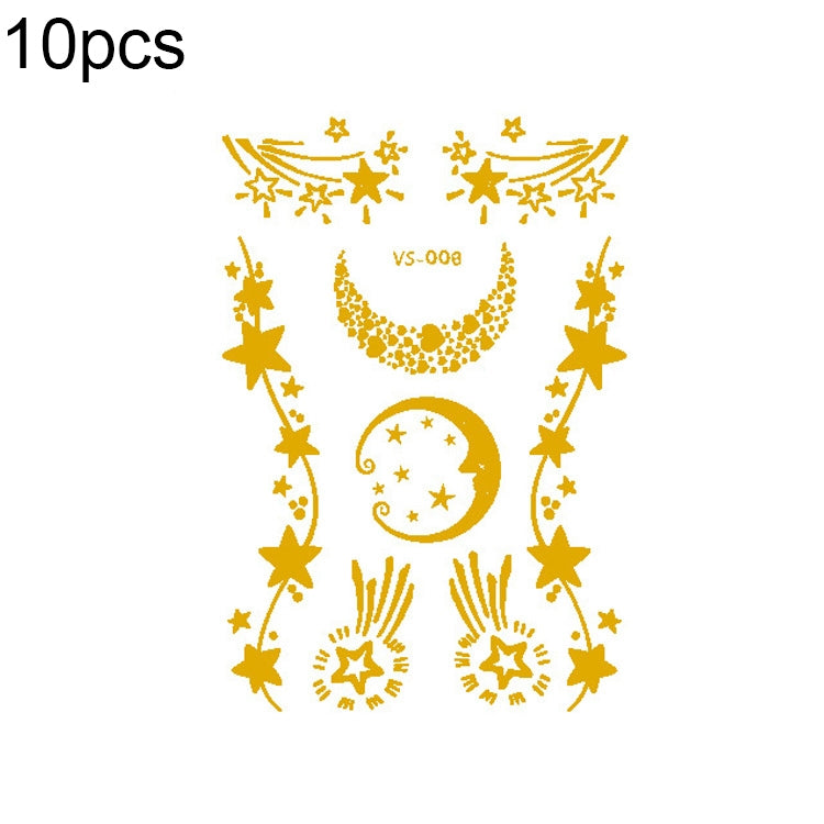 Gold face tattoo sticker sheet with crescent moon, stars, and sparkly planet shapes