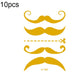 Gold mustache face tattoo sticker sheet with swirls, arrow, and curved details